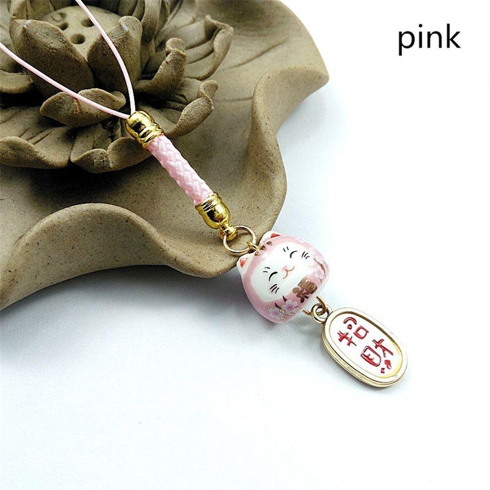 Charm Lanyard Hängen Telefon Schlüsselband Telefon Riemen Glückskatze Tasche Zubehör rosa