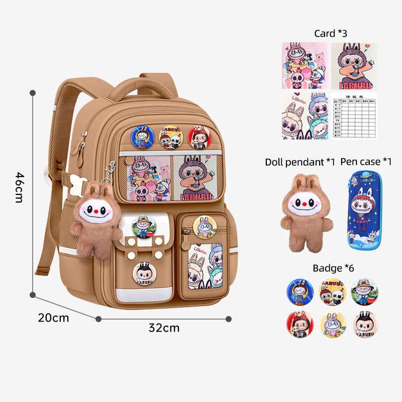 Neuer Cartoon LABUBU Schulranzen Leicht Gewichtsreduziert Rückenschutz und Großvolumig Kinder Schulranzen Rucksack für Klassen 1-6 braun