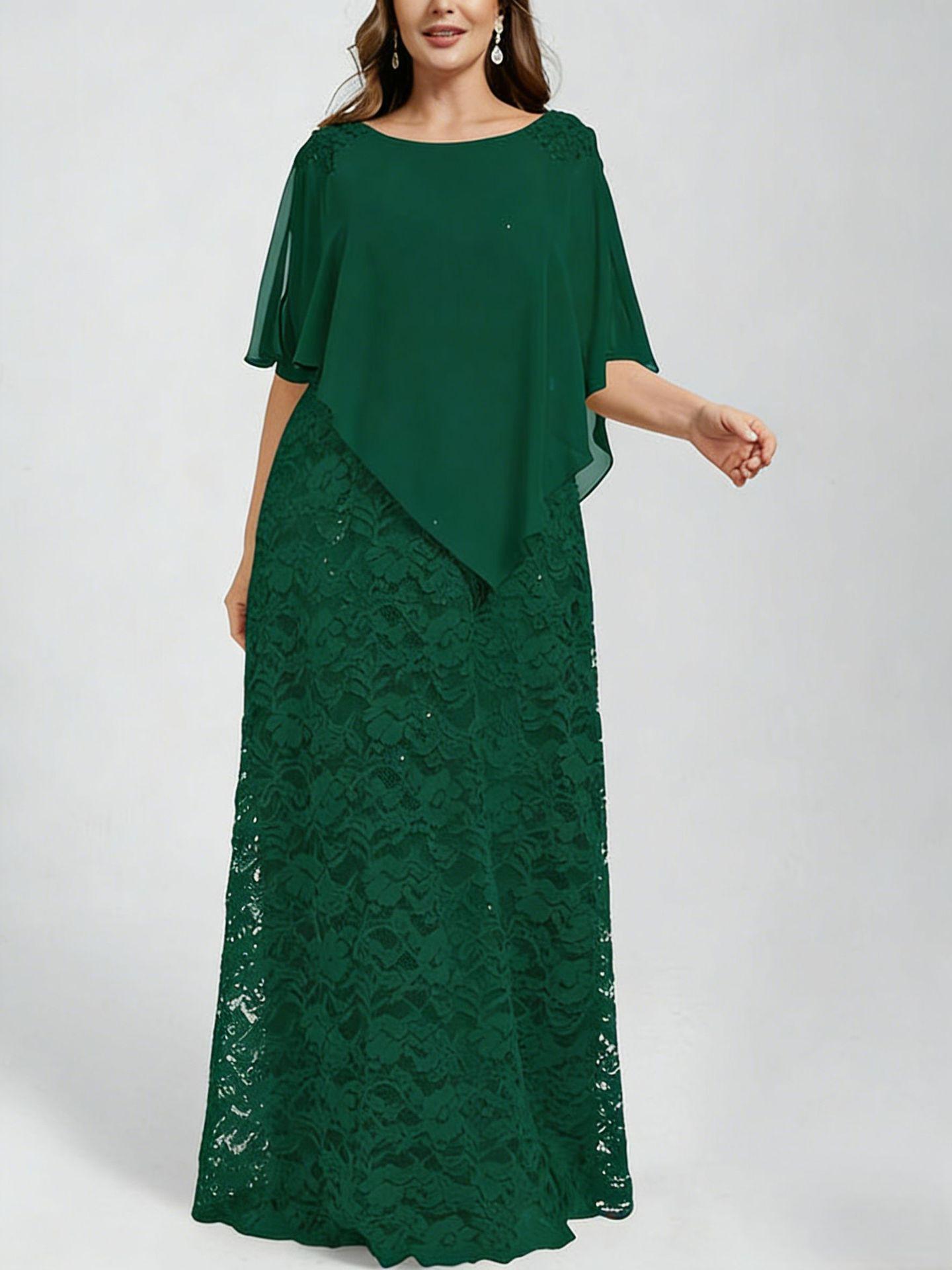 2026 Große Größen Damen Spitzen-Abendkleid mit Chiffonschal - Schlankes Partykleid 2XL dunkelgrüne