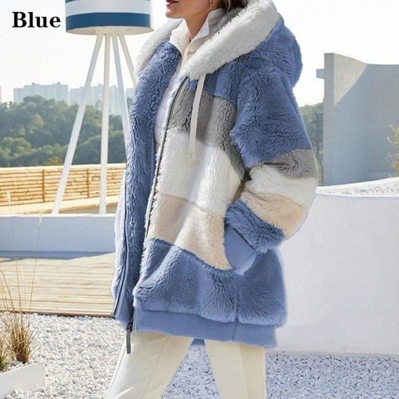 Neue Winter Damen Jacke Mit Kapuze Warme Plüsch Lose Jacke für Frauen Patchwork Winter Oberbekleidung Faux Pelz Zipper Damen Parka mantel XXXXL blau