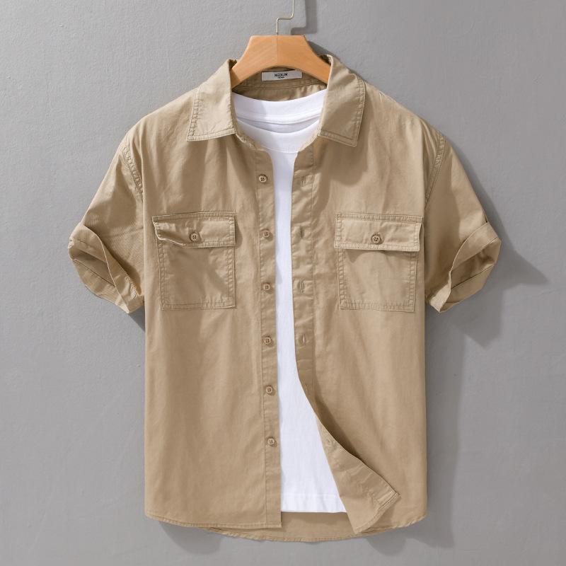 Sommerhemden für Herren Japanischer Stil Cargo Kurzarmhemd Doppeltaschen Arbeitskleidung Herrenoberteile Reine Baumwolle Freizeithemden L khaki