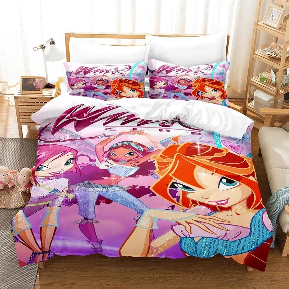 Winx Bettwäsche-Set, Einzelbett, Doppelbett, Queen-Size-Bett, King-Size-Bett, Bettbezug-Set für Erwachsene und Mädchen, Schlafzimmer, 3D-Druck, Anime, Kawaii US Full 200x230cm