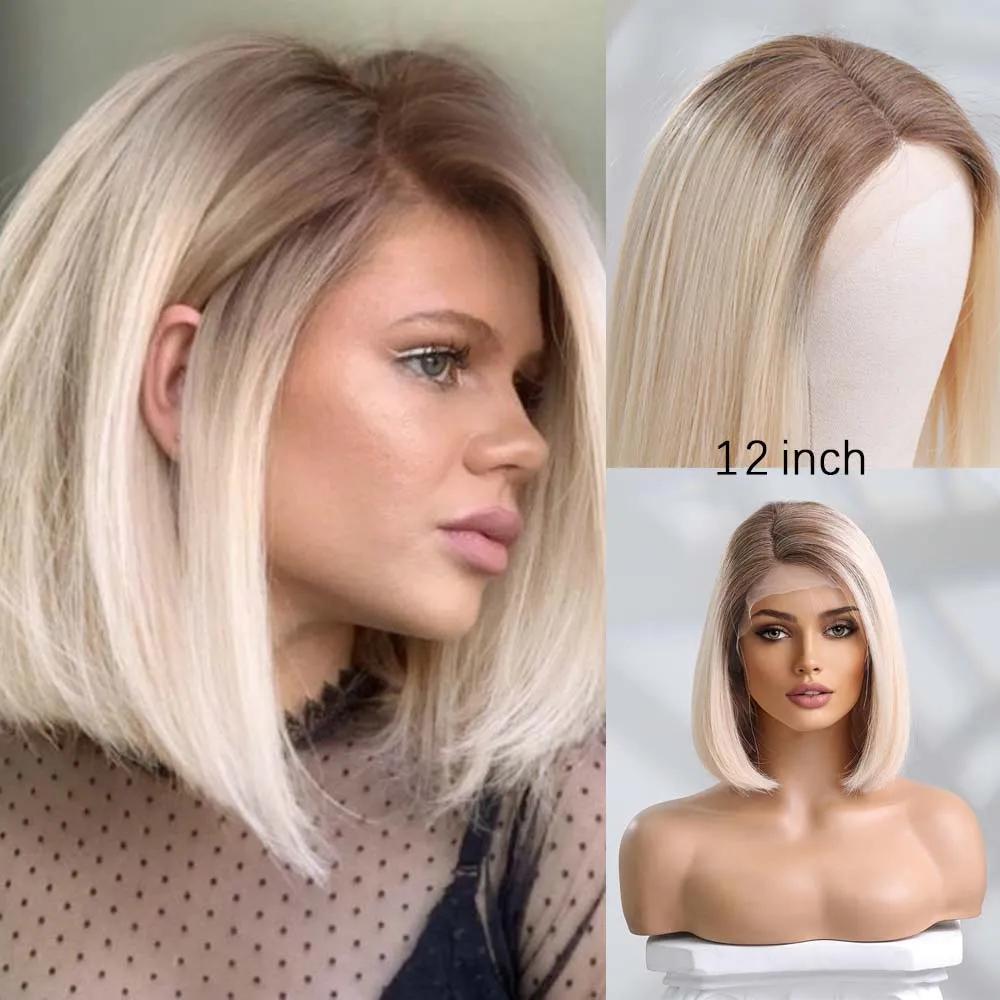 HAIRCUBE 13×5×1Lace-Front-Echthaar-Perücke, Ombré-Platinblond, schulterlang, Bob-Perücken für Frauen, seitlich gescheitelt, glattes Remy-Haar