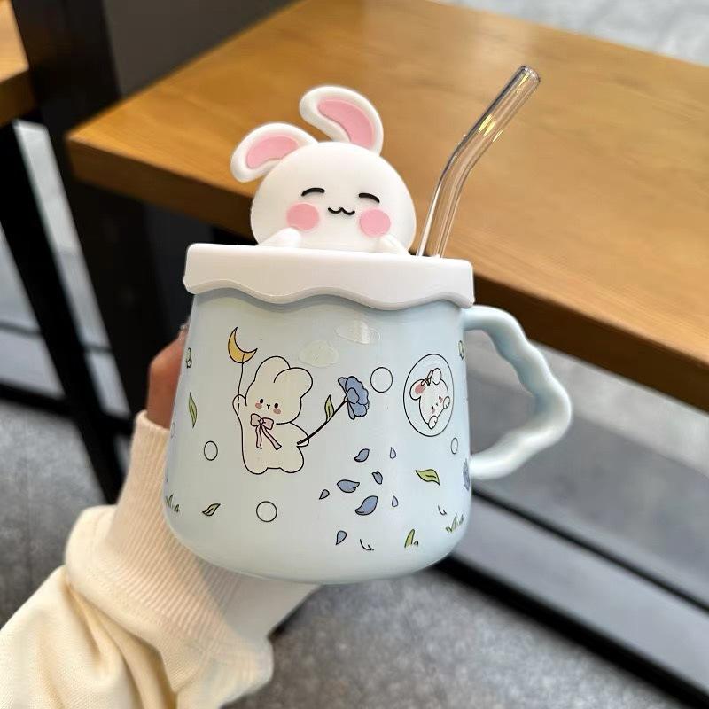 Hasen Strohbecher Mädchen Herz Tasse Niedlich Cartoon Hoher Wert Kinder Wasserbecher Haushalt Keramiktasse mit Deckel 301-400ml white