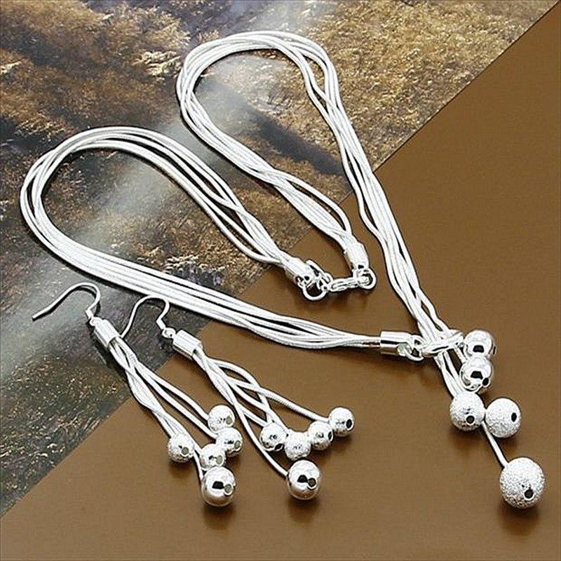 925 Sterling Silber Glatte Matte Perlen Halskette Ohrring Modeschmuck Sets 45cm