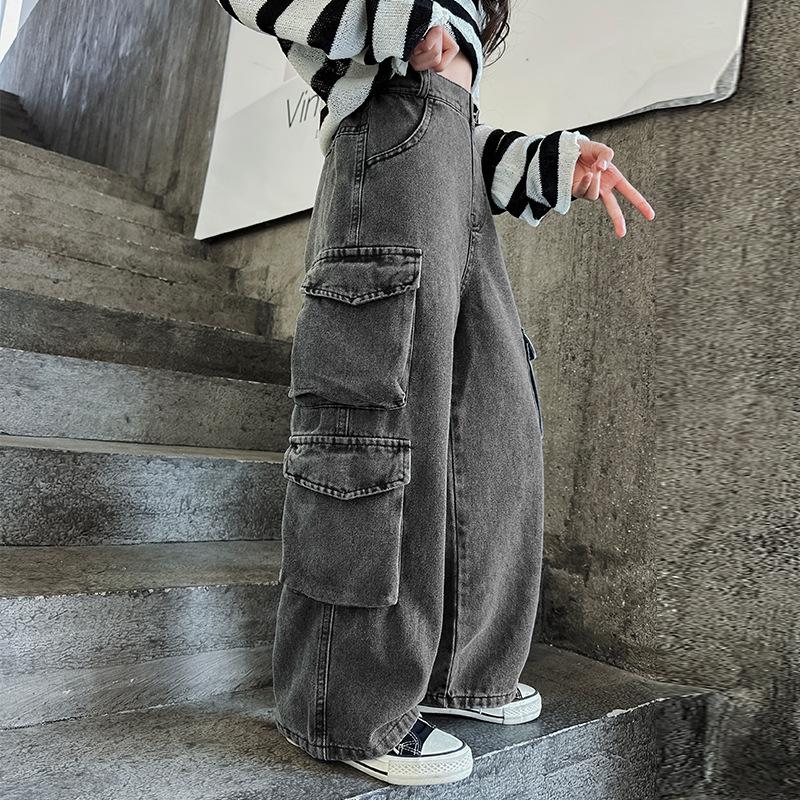 Teenager Mädchen Weitbeinige Cargo Jeans Frühling Herbst Mode Kinder Lässige Denimhosen Schule Junge Kinder Gerade Baggy Hosen 15J 120