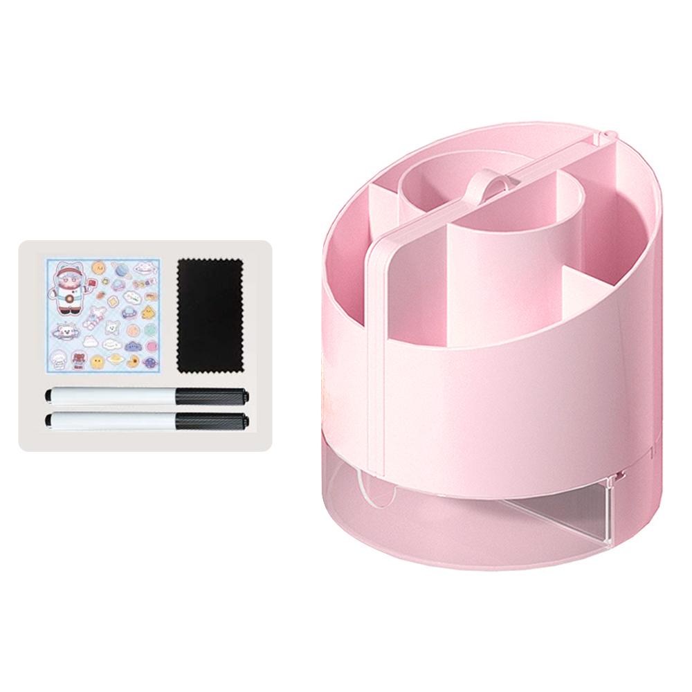 Schreibtisch-Bleistifthalter mit 6 Fächern und Ablage, Schreibtisch-Organizer, eingebauter Spiegel, Taschenrechner, trocken abwischbar rosa
