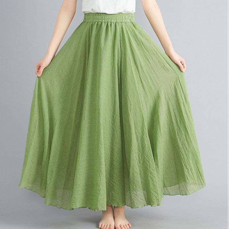 Sommer Herbst Damen Rock Literarisch Große Baumwolle Leinen Halbrock Elastische Taille Leinen A-Linie Rock Langer Abschnitt Reine Farbe Wind Swing Rock L grasgrüne