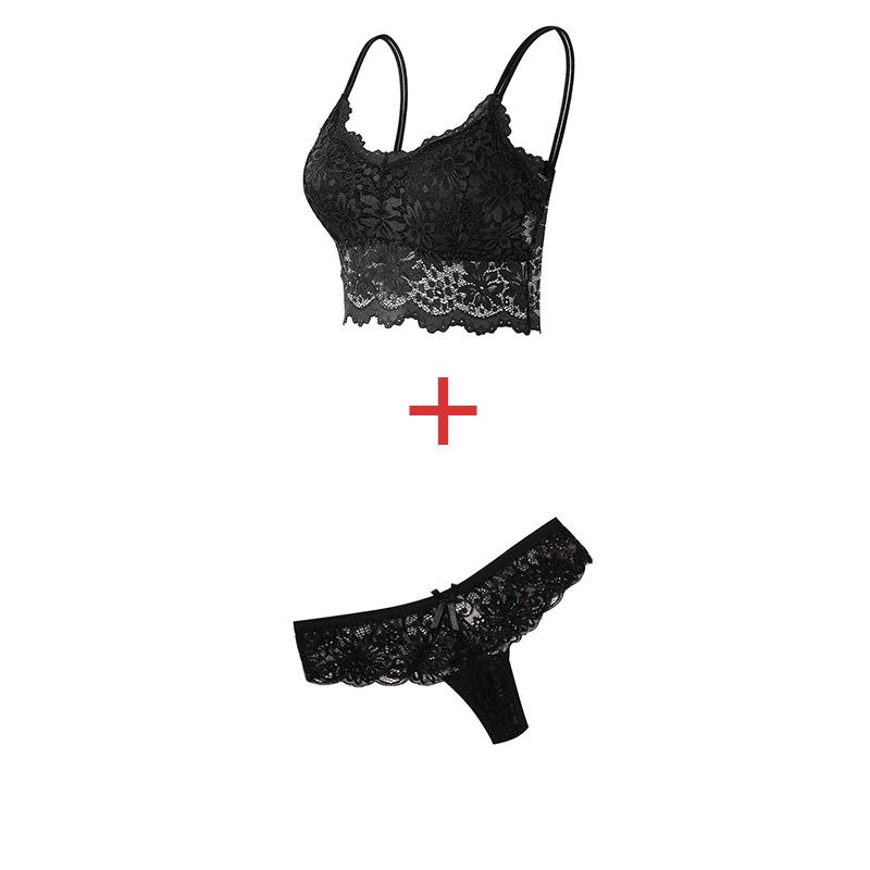 Damenmode Plus Size Blumenspitzen-BH-Set Transparente Versuchung Einfarbige Damenunterwäsche M/L schwarz