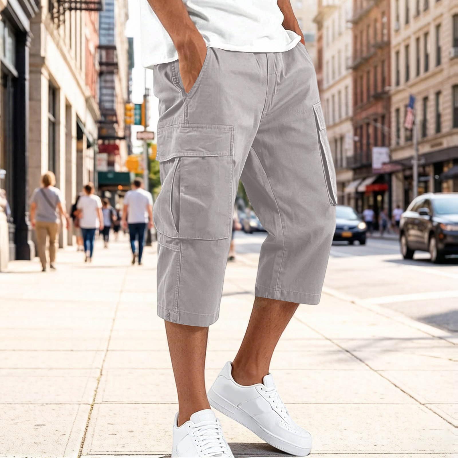 Herren Freizeit Capri-Hose mit Kordelzug und mehreren Taschen, lockere Passform, knielang, Utility Cargo-Hose für Outdoor und Alltag S beige
