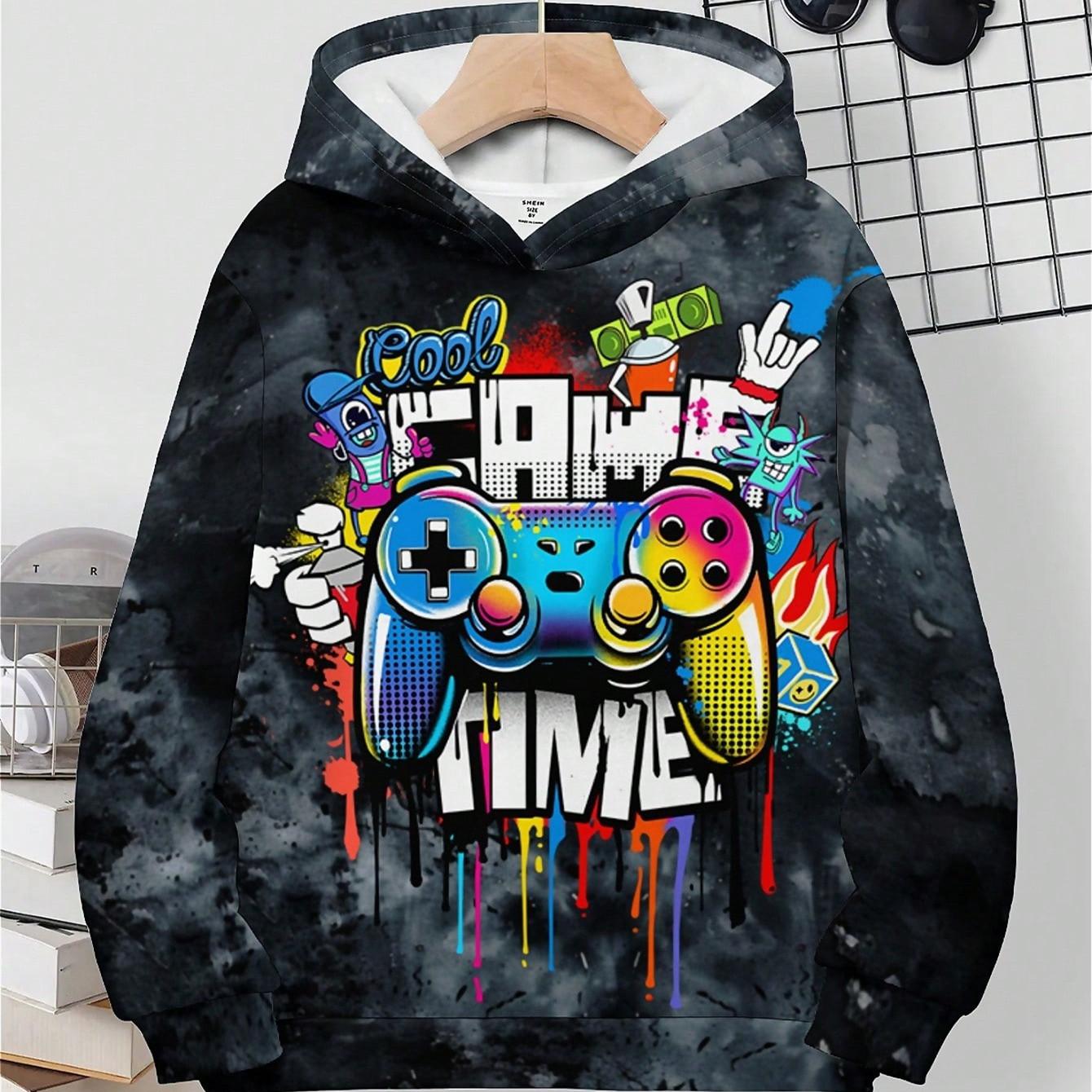 Jungen Lässiger Minimalistischer Cartoon Spielekonsole Grafik Hoodie, Geeignet für Herbst/Winter Spieltag 110 gray