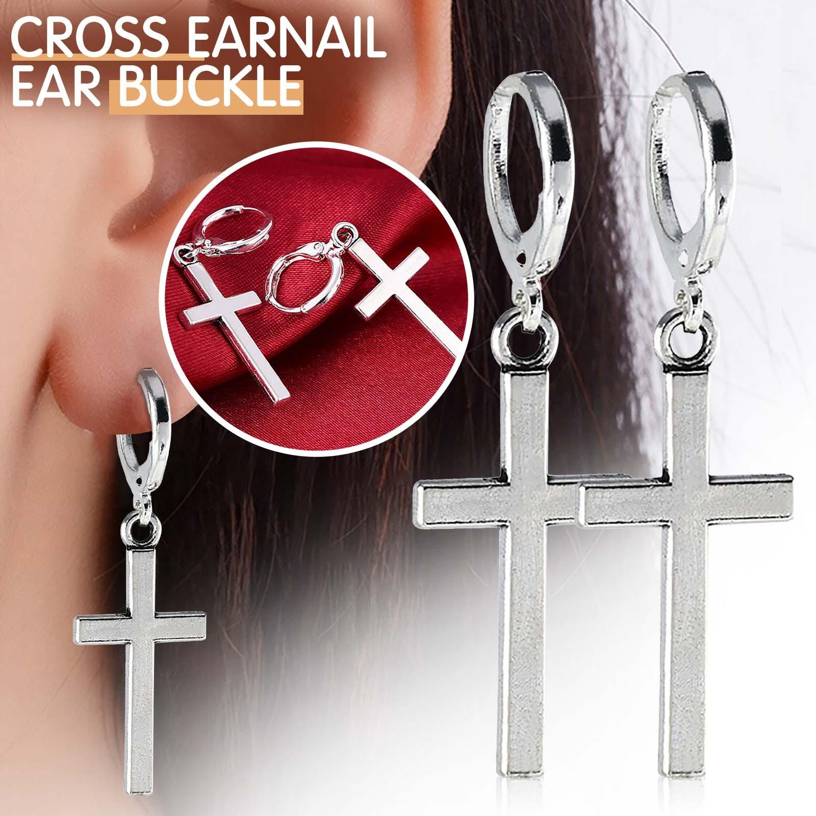 Nicht durchbohrtes Clip-On-Creolen-Set mit Kreuz-Ohrhängern, Edelstahl, ohne Piercing