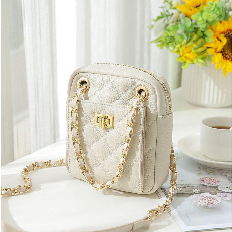 Rindsleder Ketten Handy Tasche High-End Mini Mode Damen Tasche Umhängetasche Kopfschicht Rindsleder Kleine Tasche Umhängetasche beige