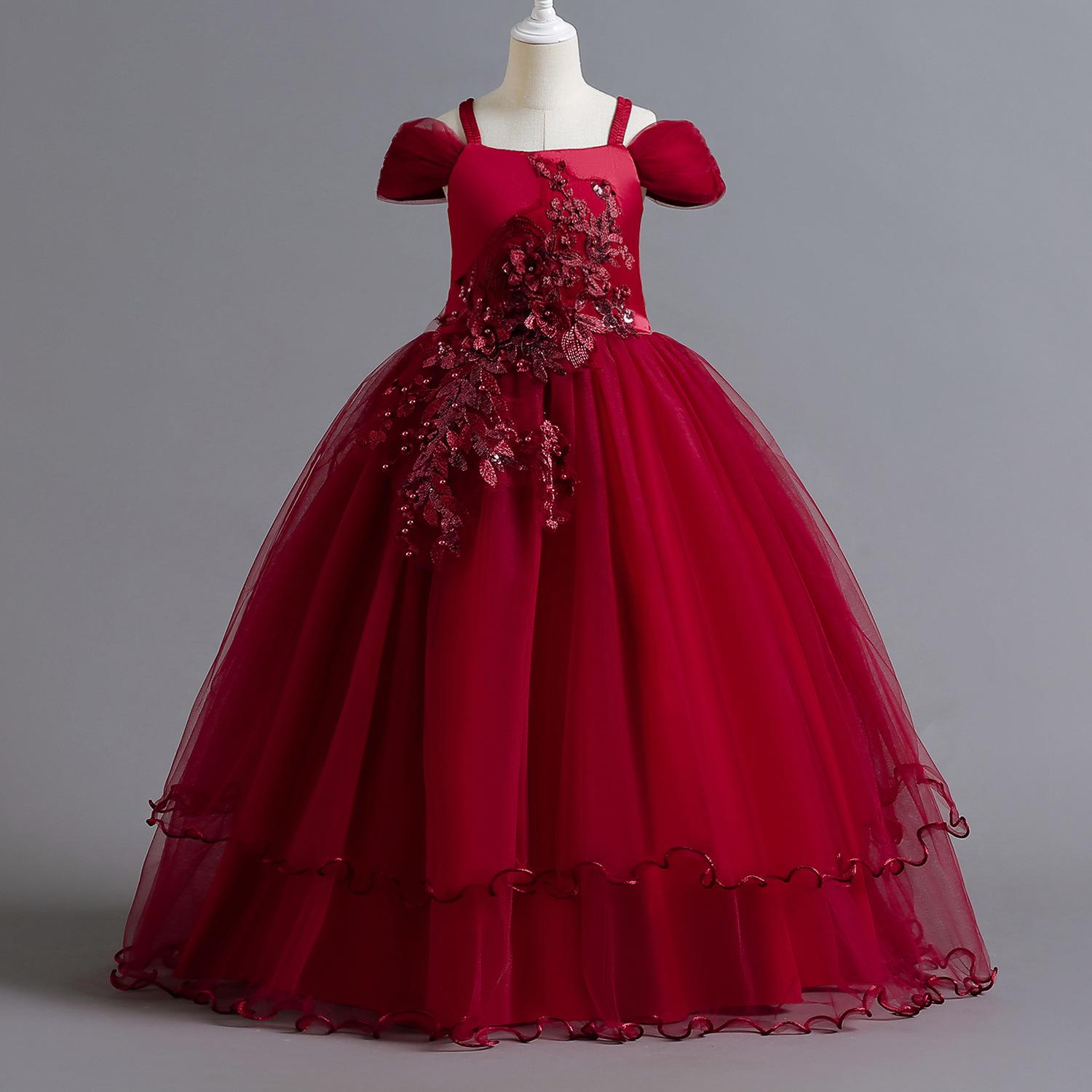 Mädchen Sommerkleid Stickerei Brautjungfer Prinzessin Kleid Kinder für Mädchen Kinder Party Hochzeitskleid 130cm rot