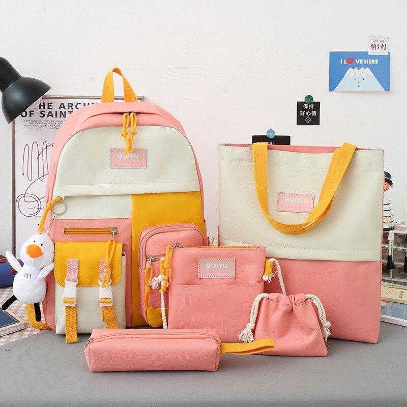5 Teile/satz Leinwand Rucksäcke Frauen Schule Taschen für Teenager Mädchen Hohe Kapazität Bookbags Studenten Reise Rucksäcke Weibliche Rucksack rosa
