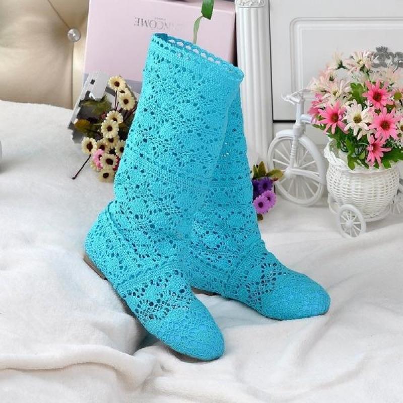 2025 neue Frühling Spitze hohl Martin Stiefel Einzelstiefel flache hohe Stiefel Netzstiefel coole Stiefel Lochschuhe Damenstiefel 40 hellblaue