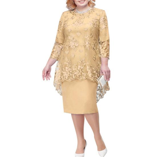 Oansatz Hohe Taille Plus Größe Midi Kleid Stickerei Spitze 3/4 Hülse Dame Abendkleid Weibliche Kleidung 4XL champagner