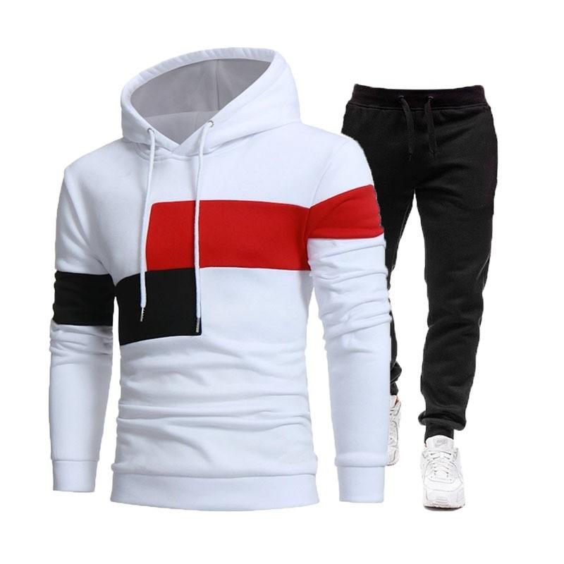 Herren Stitching Hoodie Pullover Anzug Drei Stitching Casual Sportpullover Zweiteiliger Anzug XXL weiß