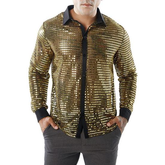 Männer Hemd Club Party Disco Hemd Glänzend Glänzend Slim Fit Pailletten Revers Einreiher Lange Ärmel Vinatge 70er Jahre Männer Performance Hemd 2XL goldgelb