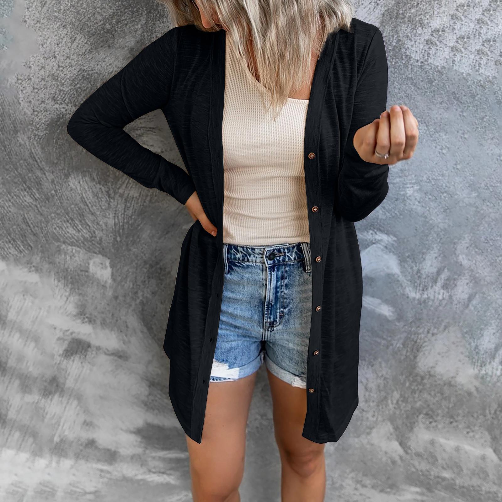 Frühling und Herbst Damen Strickjacke Übergröße Langer Knopf Einfarbig Lässige Langarm Strickjacke S schwarz