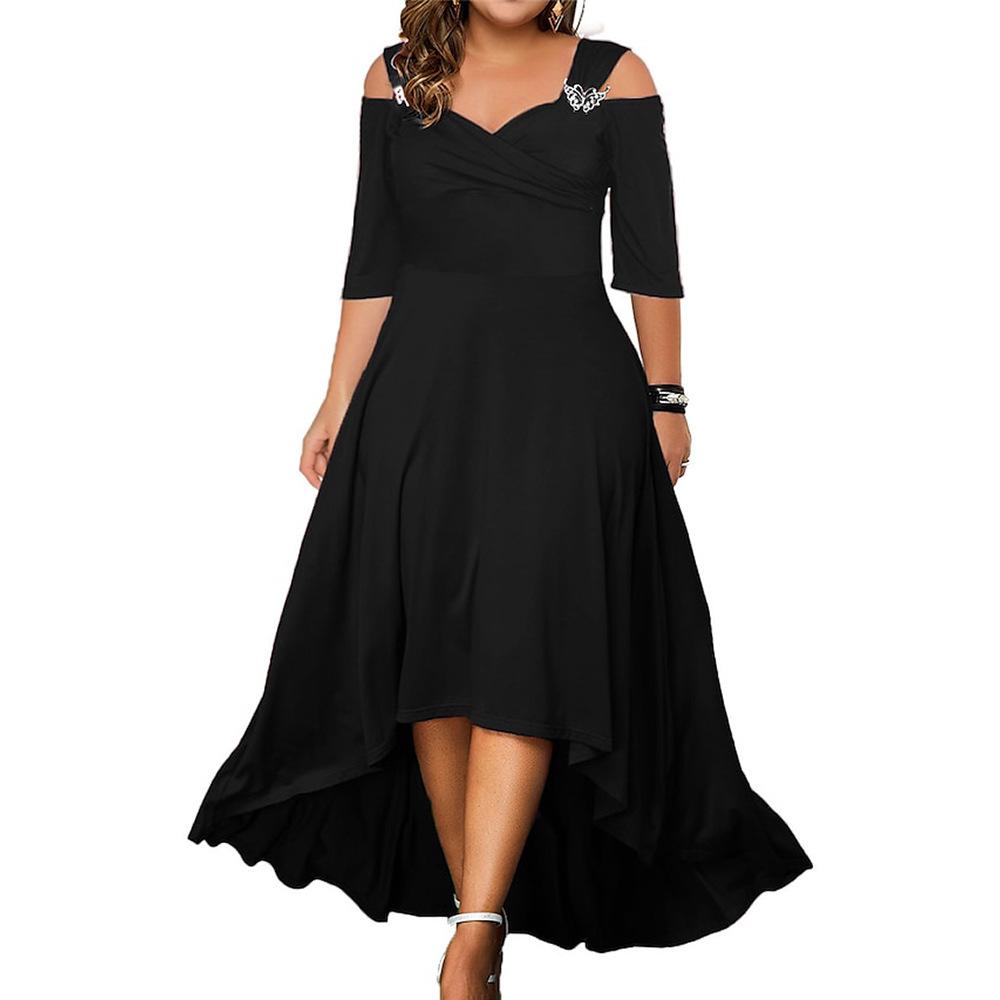 Plus Size Damen Sommer V-Ausschnitt Schulterfrei Midikleid Damen Elegantes Partykleid Swing Kleider Abendkleid XXL schwarz