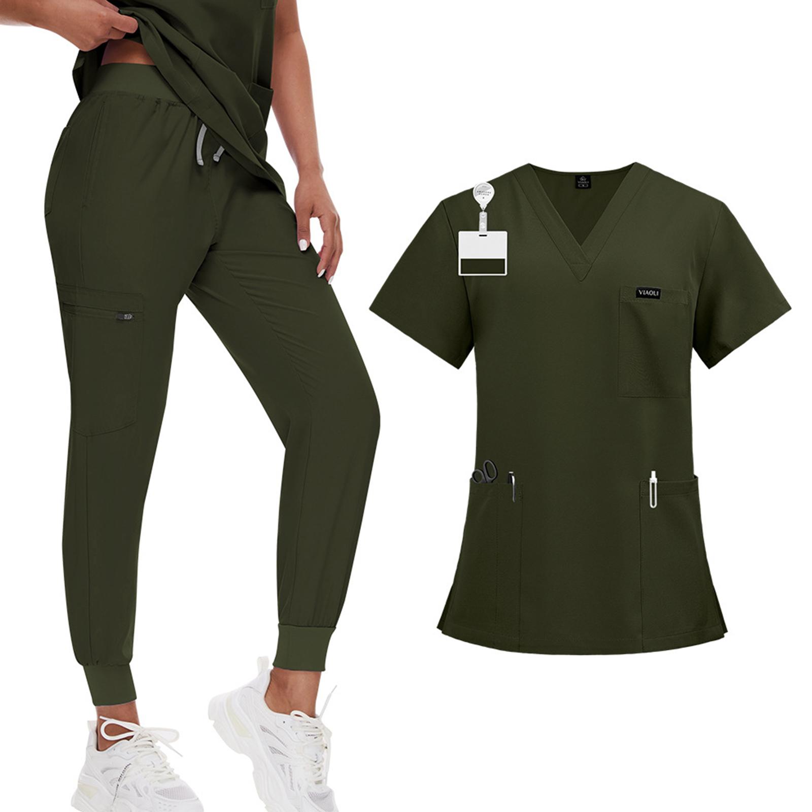 Damen Zwei-Teiler Kasack-Set mit V-Ausschnitt Kurzarm-Oberteil und Jogginghose für Medizinische Uniformen Gesundheitswesen Arbeitskleidung XL