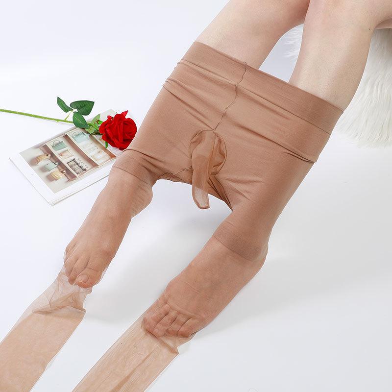 Herrensocken mit Penis-Hülle Ultra-dünn 3D Seidig Glatt Flugzeugsocken Sexy Transparente Strumpfhose Cross-Dressing Verführung Penis close brown