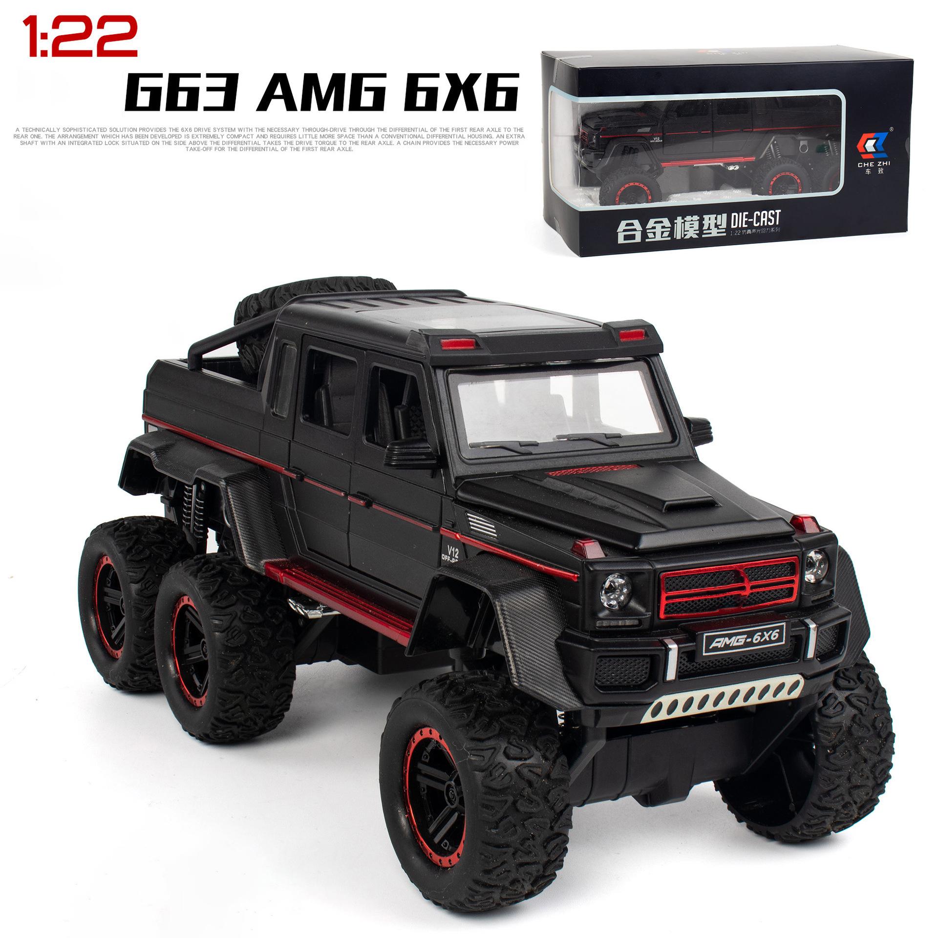 Maßstab 1:22 G63 AMG 6x6 V12 Off-Road Black Pickup Modellauto, Spielzeugauto zum Zurückziehen aus Zinklegierung mit Sound und Licht für Kinder als Geschenk für Jungen und Mädchen 23.5*11*10CM schwarz