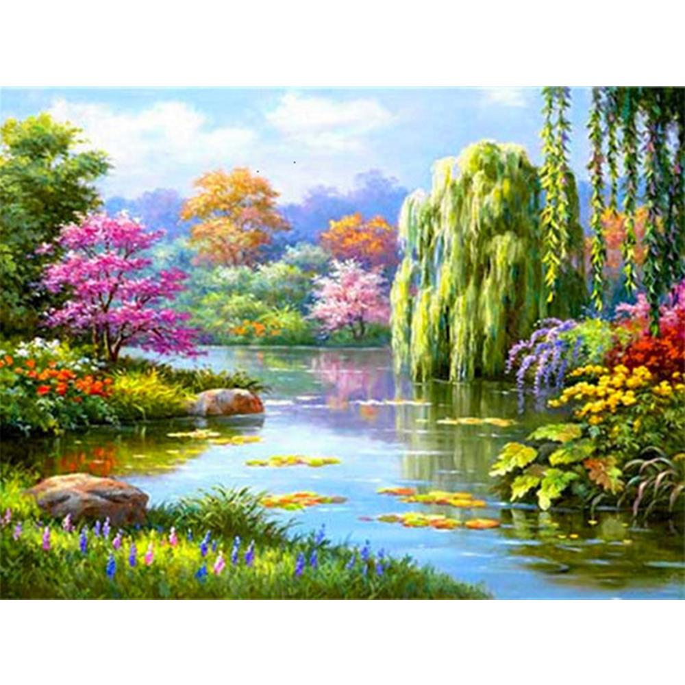 Vollquadrat Diamant Malerei Garten Kreuzstich Diamant Stickerei Landschaft Kirschblüten Mosaik Haus Dekor für Zuhause Full Square 40X50CM bunt