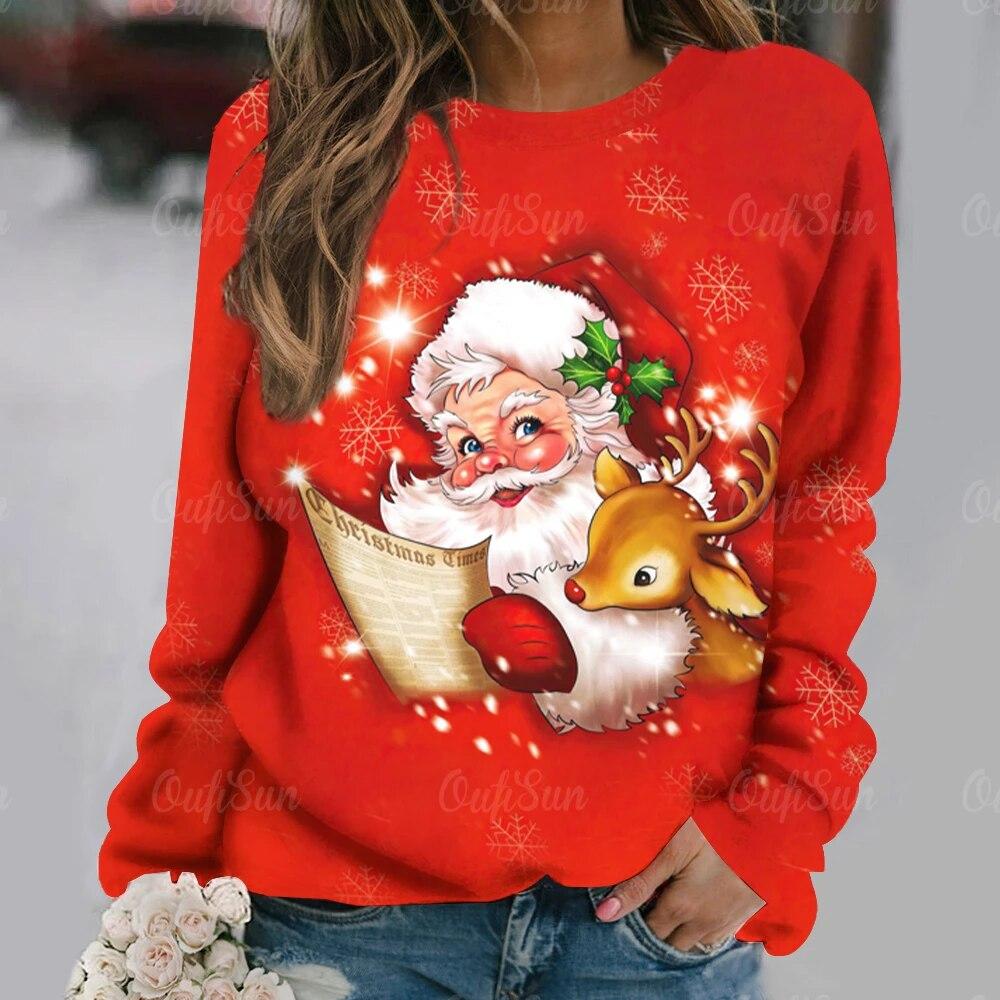 Winter Frauen Weihnachten Langarm T-Shirts Pullover Santa Claus Drucken T Tops Damen O Neck Übergroßen Street Fashion T-Shirt L