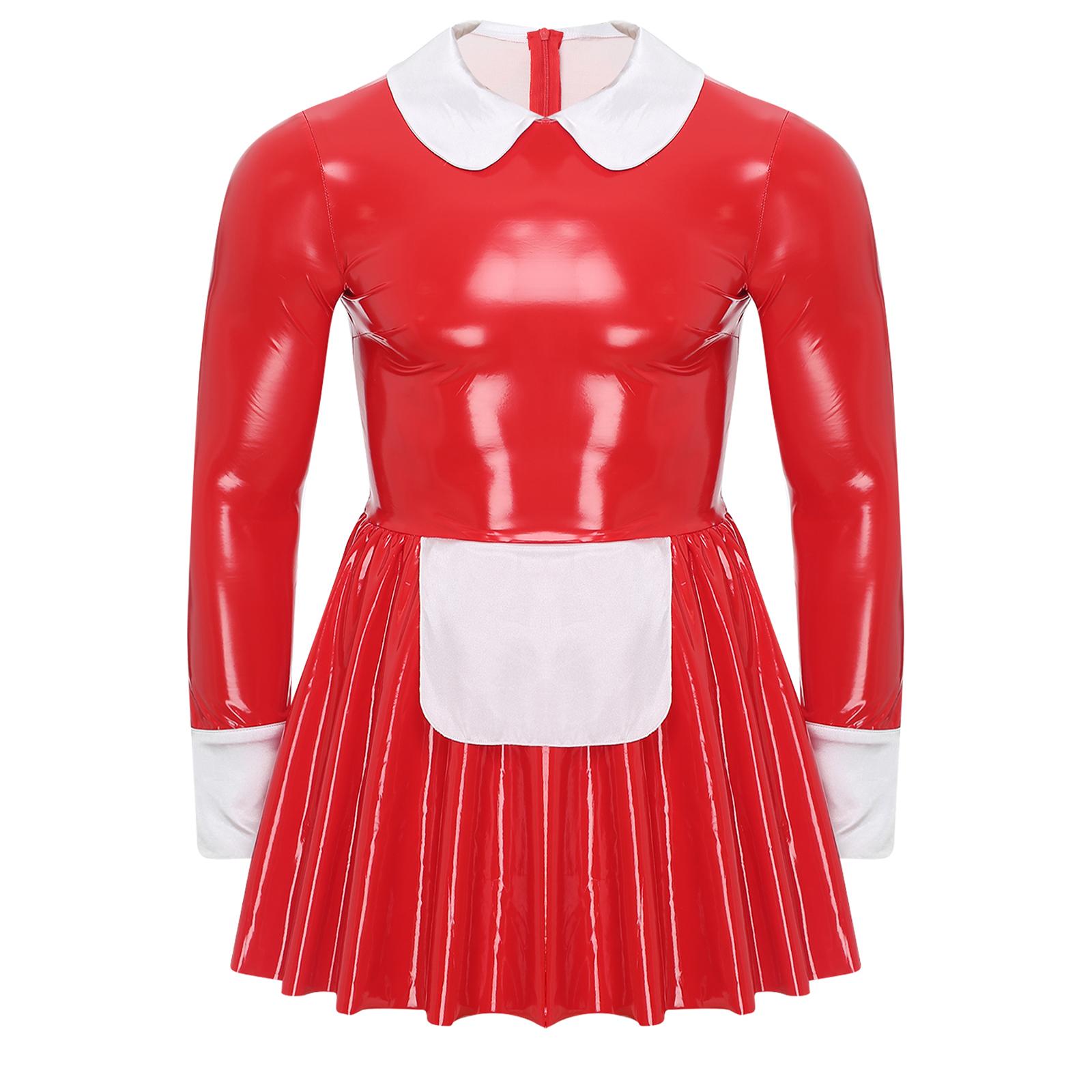 Männer Dienstmädchen Rollenspiel Outfit Latex Bodysuit Französische Dienstmädchen Uniform Crossdressing Sissy Dessous Kostüm Anime Cosplay Party L rot