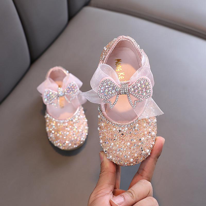 Neue kinder Pailletten Leder Schuhe Mädchen Prinzessin Strass Bowknot Einzelnen Schuhe 2025 Mode Baby Kinder Hochzeit Schuhe 30 rosa