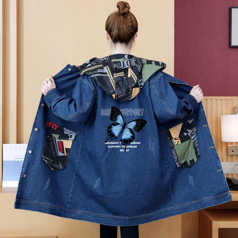 Damen Frühling und Herbst Übergröße Langer Abschnitt Arbeitskleidung Lose Colorblocking Jeansjacke M