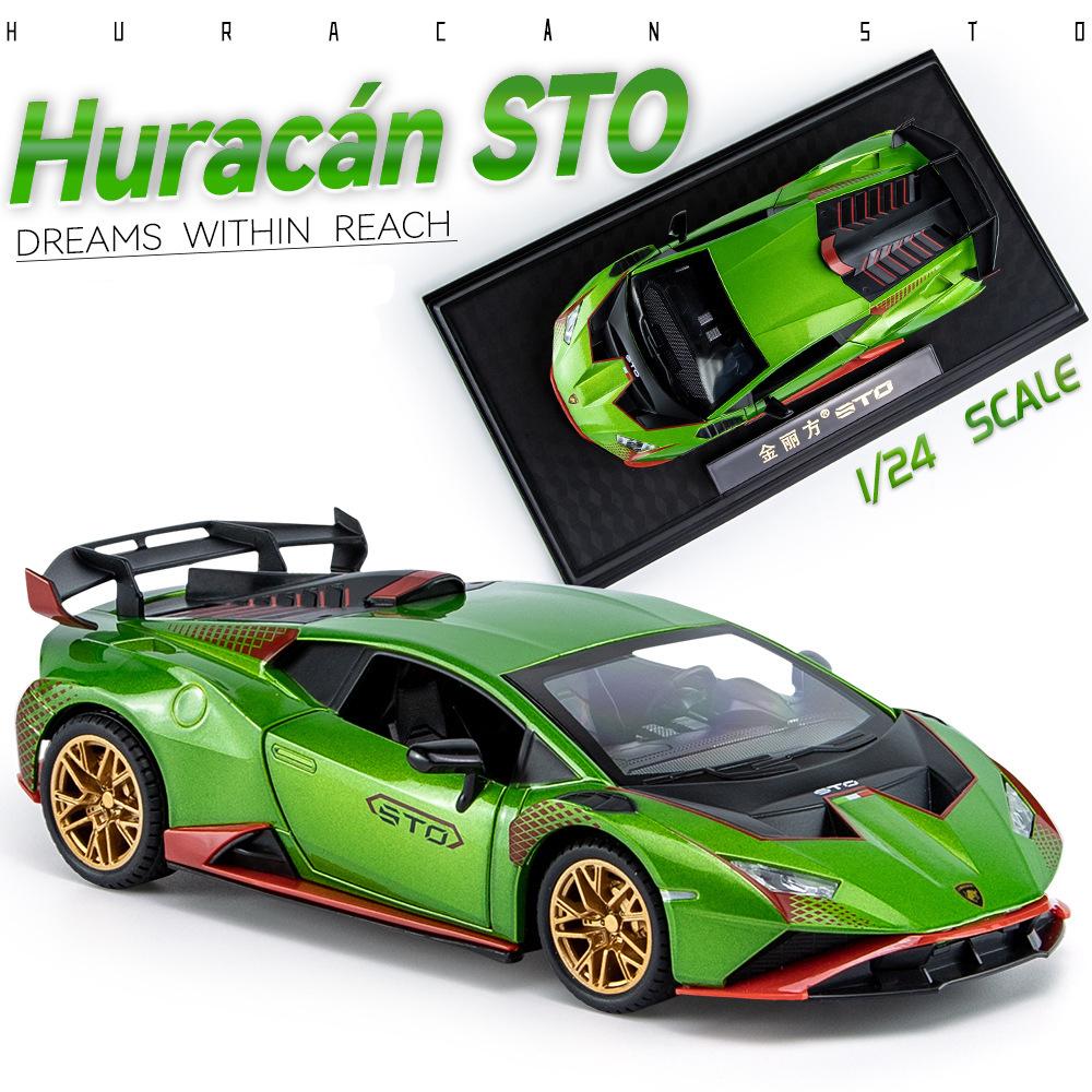 1:Legierungsdruckguss-Automodell im Maßstab 24 für Lambo Huracan STO 2021, zurückziehbare Fahrzeuge, Modellautos, Spielzeug mit Licht und Sound für Kinder und Erwachsene 1/24-21x8.5x5.5cm grün