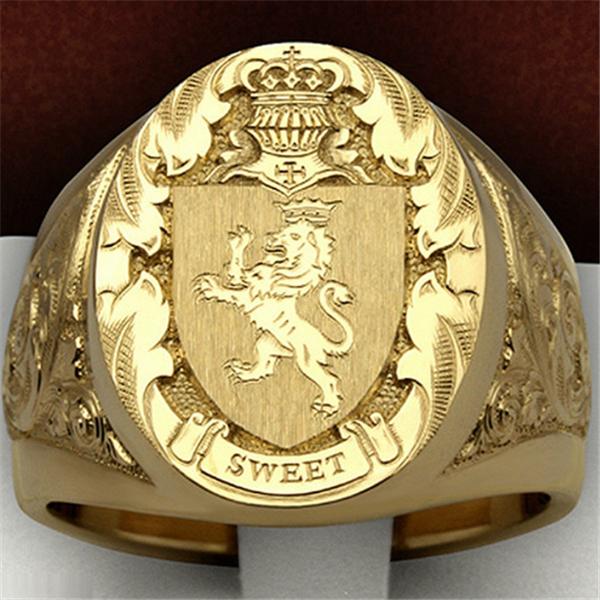 Mode Herren Krone Löwe Abzeichen Schild Ring Gentleman Print Schwanz Ring Bräutigam Verlobung Hochzeit Bankett Ring Geburtstagsgeschenk 10 gold