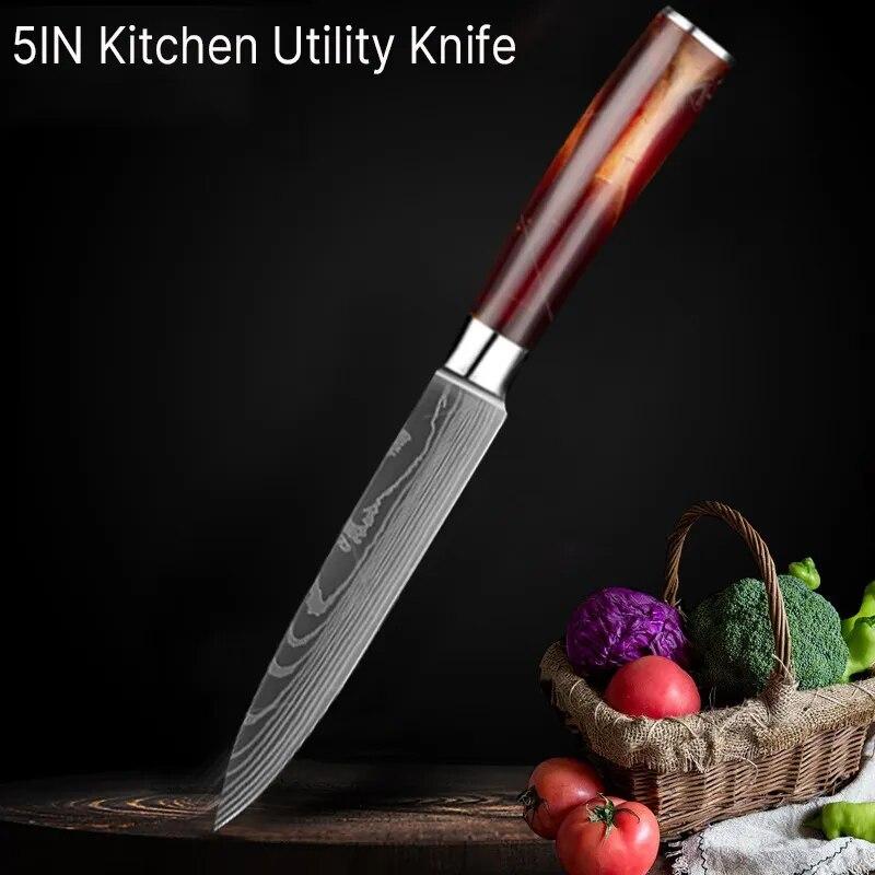 5 ZOLL Küchenmesser Fleischerbeil Damaststahl Haushaltsobstmesser Scharfes Schneidemesser Dienstprogramme Kochmesser mit Harzgriff rot