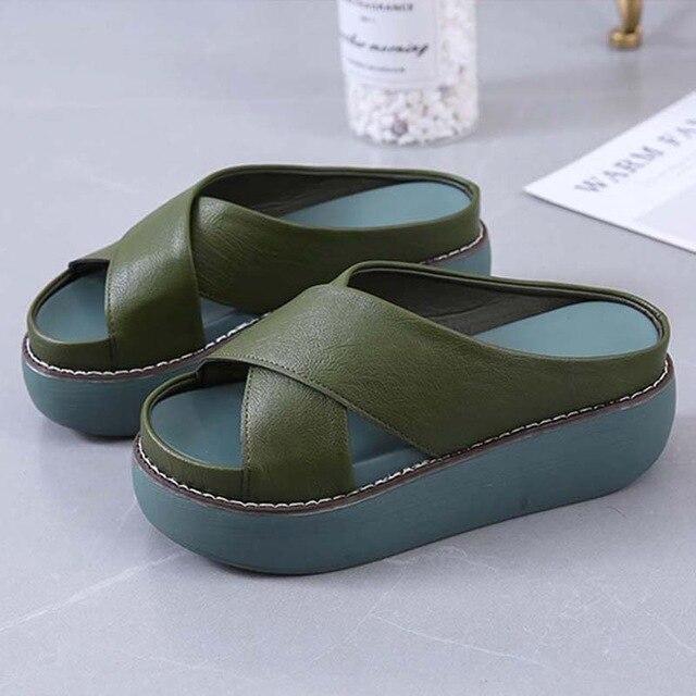 Frauen Sandalen Vintage Frauen Plattform Sandalen Nicht-Slip Dicken Boden Damen Schuhe Casual Frauen Hausschuhe Strand Rutschen Weibliche Schuhe 42 grün