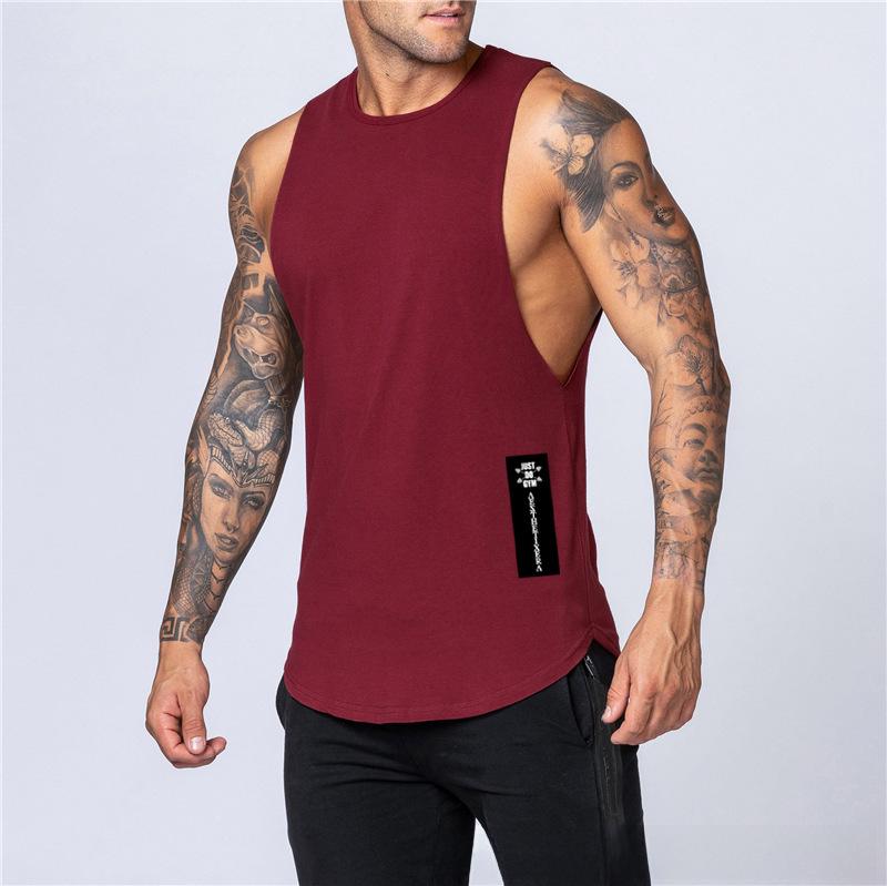 Herren Sommer Baumwolle Ärmellos Bodybuilding Weste mit lockerem Schnitt und langem Druck auf der rechten Seite XL bordeaux