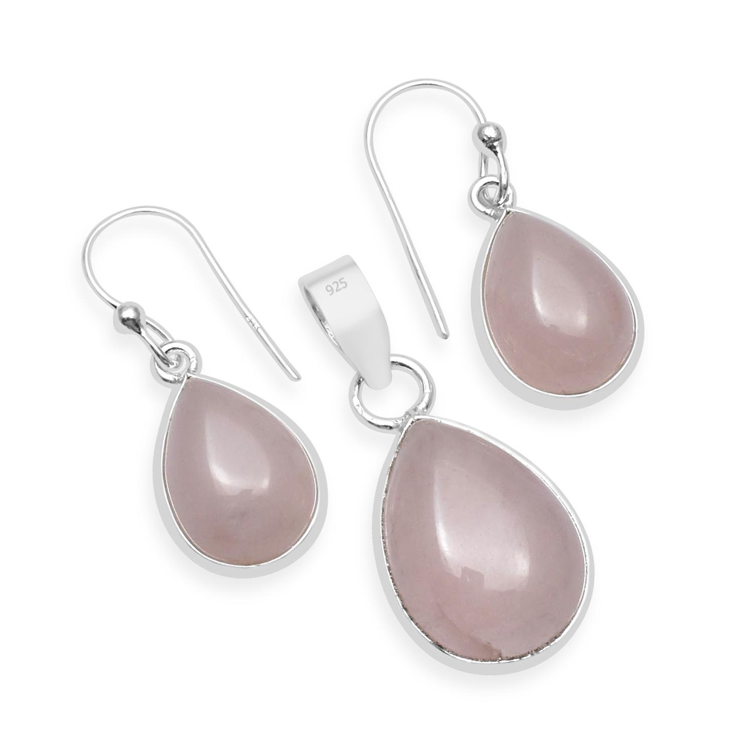 Natürliche Rosenquarz-Edelsteine, 925er-Sterlingsilber, Tropfen-Anhänger, baumelnde Ohrringe, Schmucksets für Frauen und Mädchen rosa