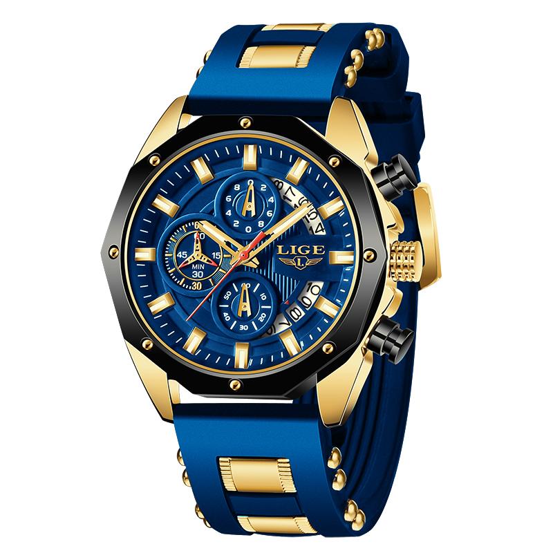 LIGE Neue Uhr Männer Luxus Marke Große Zifferblatt Uhren Männer Wasserdicht Quarz Armbanduhr Sport Chronograph Uhr blau/gold