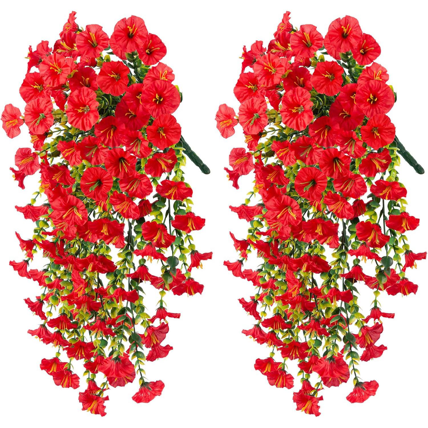 Künstliche Petunien zum Aufhängen, UV-beständig, Kunstpflanzen für den Außenbereich, gefälschte Petunienstreifen, Frühlings- und Sommerdekor für Zuhause, Kaminsims, Tür, Veranda, Terrasse rot