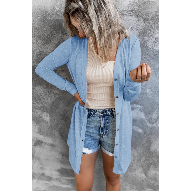 Frühling und Herbst Damen Strickjacke Übergröße Langer Knopf Einfarbig Lässige Langarm Strickjacke S himmelblaue