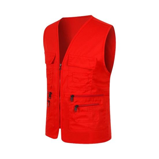 Herren Sommer Cargo Weste V-Ausschnitt Ärmellos Multi Taschen Sport Weste Einfarbig Reißverschlussleiste Volunteer Sicherheitsweste Mantel 2XL rot