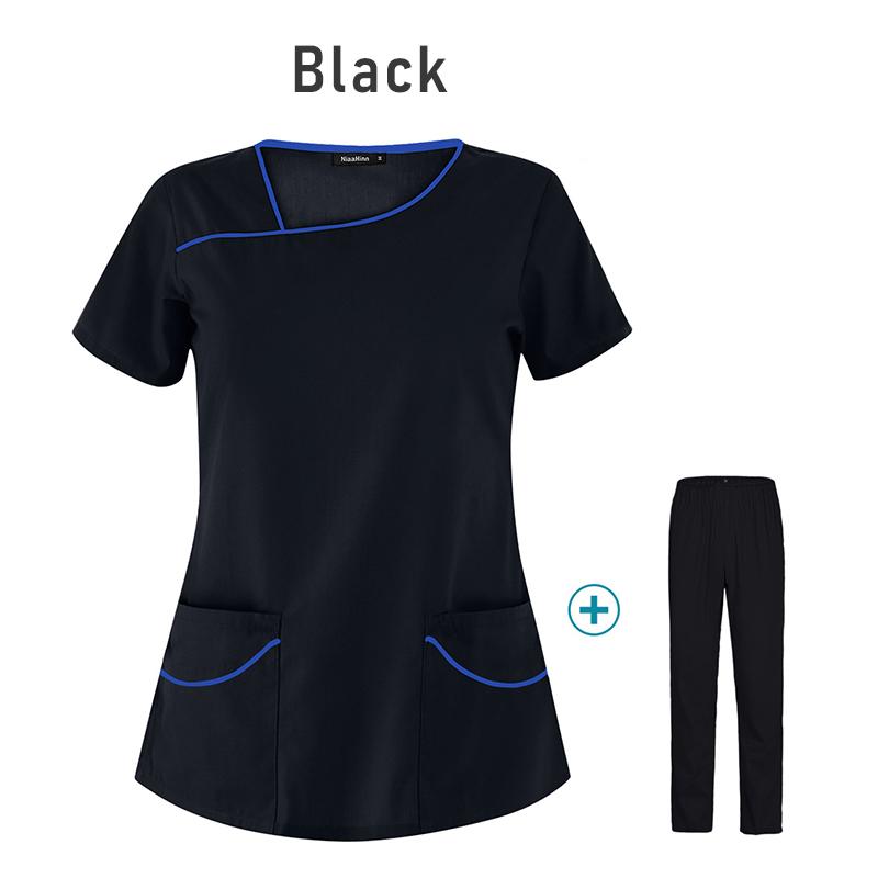 Krankenpflege-Bekleidung für Damen, Uniformen, Haustierpflege-Bekleidungsset, kurzärmeliges Oberteil mit V-Ausschnitt und Hose, Arztanzüge, medizinische Chirurgie, Arbeitskleidung M schwarz