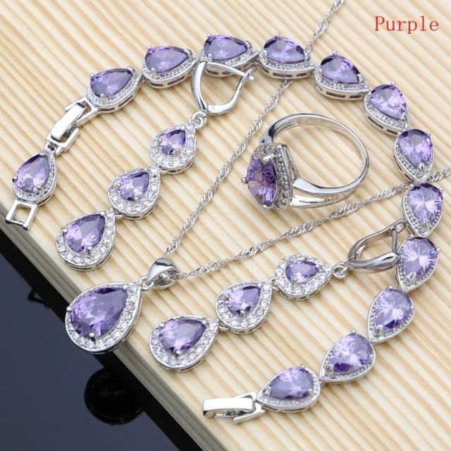 925 Sterling Silber Schmuck Weiß Cz Blau Zirkon Schmuck Sets Für Frauen Ohrringe/Anhänger/Halskette/Ringe/Armband 8.5 violett