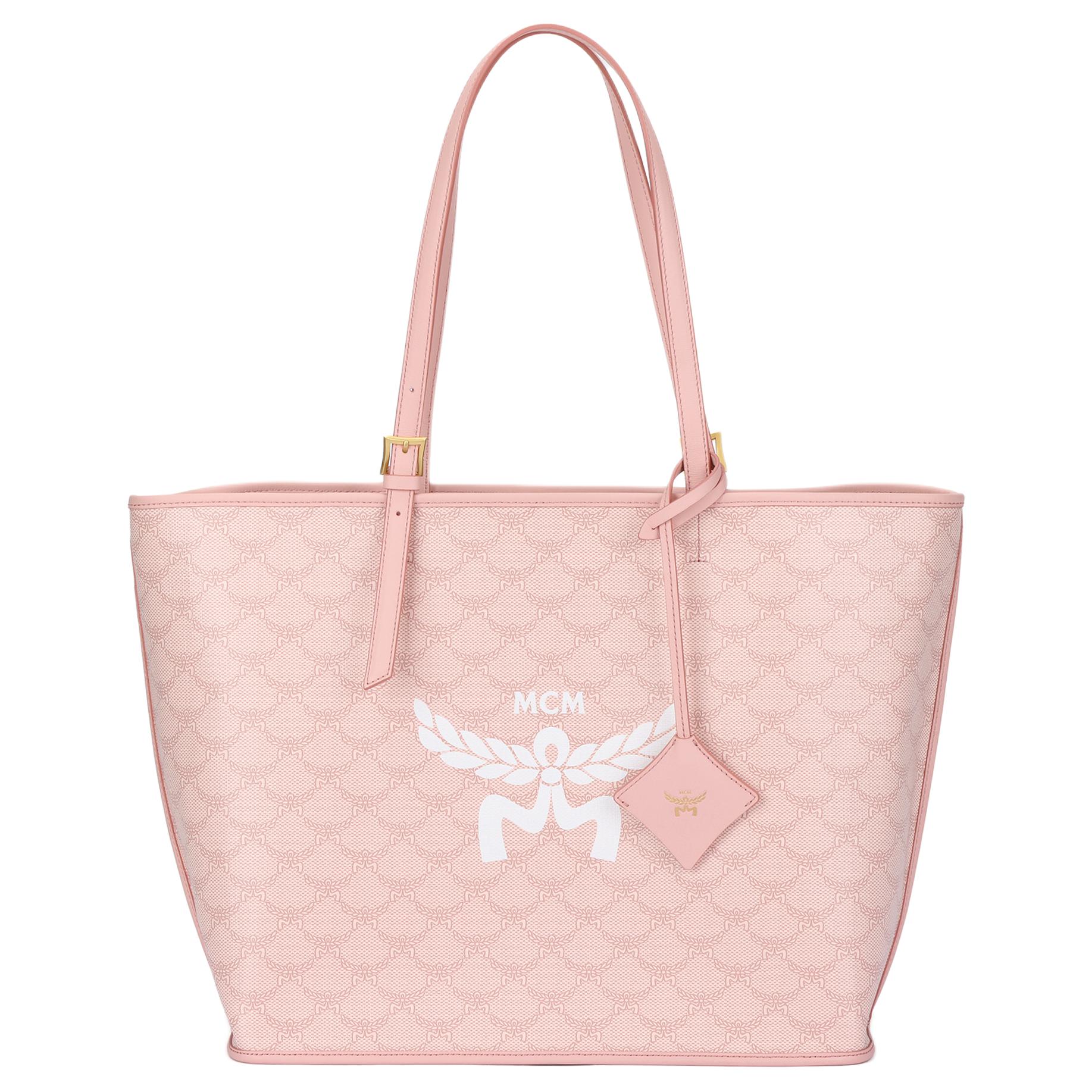 MCM Himmel Goldfarbene Messingbeschläge Buchstabenmuster Beschichtetes Canvas und Leder Schulter-Tragetasche Damen Handtaschen Rosa MWPESAC03P6001 Basic Set (Bag+Dust Bag)