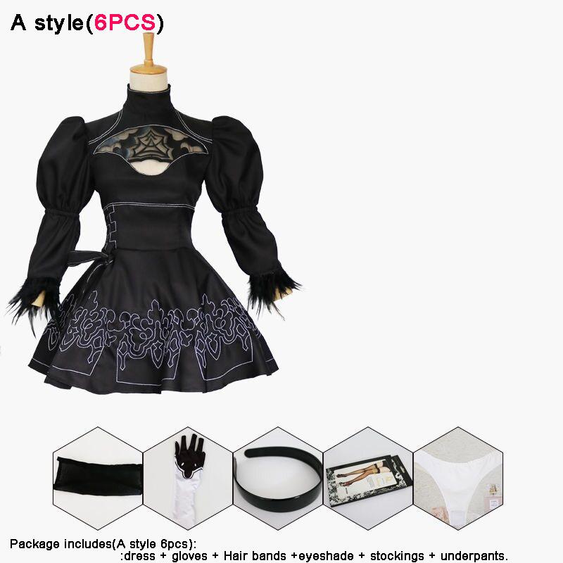 Sexy Nier Automata Yorha 2B Cosplay Anzug Anime Frauen Outfit Verkleidung Kostüm Fancy Halloween Karneval Mädchen Party Schwarzes Kleid + Perücke Kostüme Set M