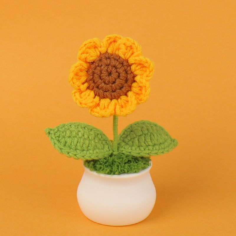 1 Stück Kreative Künstliche Blumen Niedliche Gehäkelte Sonnenblumen Töpfe Gestrickte Blume Abschlussblume Auto Heimdekoration Geschenk