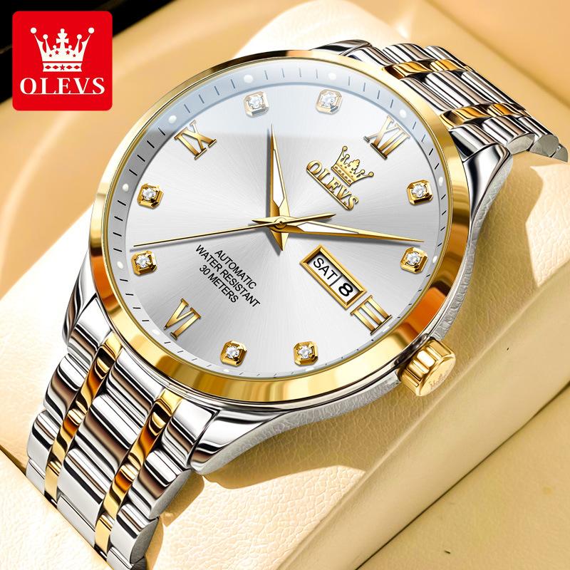 OLEVS Neue Markenuhren Dual Calendar Vollautomatische mechanische Business-Trends Herrenuhren Herrenuhren white