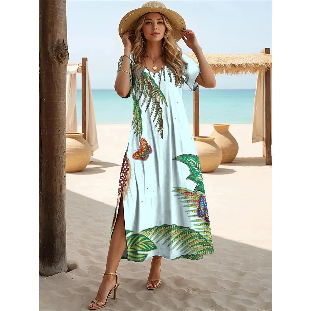 2024 Hawaiian Damenkleider Coconut Tree Print Midikleider Urlaub Weibliches Kurzarmkleid Mode Sommer V-Ausschnitt Design XL